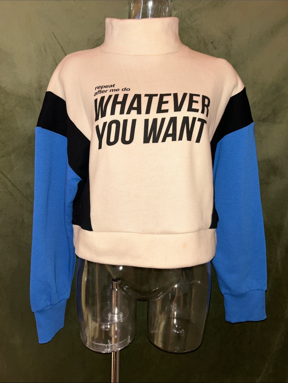 Zara Cream, Black & Blue Slogan Cowl Neck Sweater